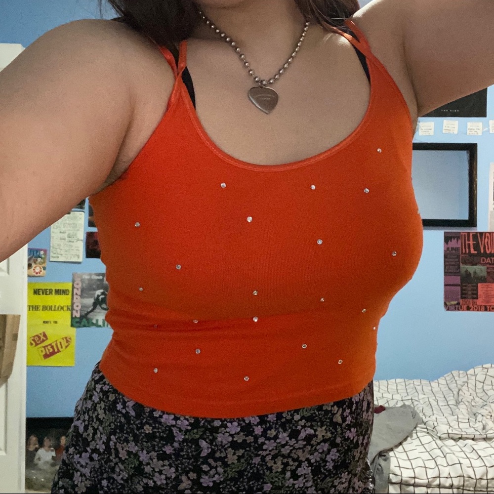 Orange rhinestone cross back tank